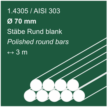 Edelstahlstäbe aus 1.4305 (303), 70 mm Durchmesser, 3000 mm lang, auf sandfarbigem Hintergrund abgebildet